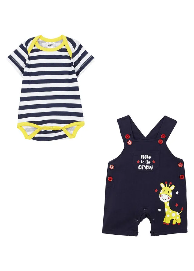 BODY DE MANGA CORTA + PETO PARA BEBé (2 PIEZAS) DE ALGODóN ORGáNICO AZUL OSCUROBLANCOAMARILLO ESTAMPADO